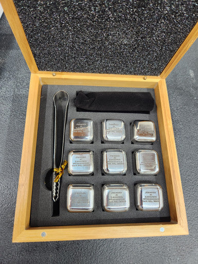 Custom Laser Engraved Stainless Steel Whiskey Stones in Bamboo Gift Set- Wedding or Anniversary Gift
