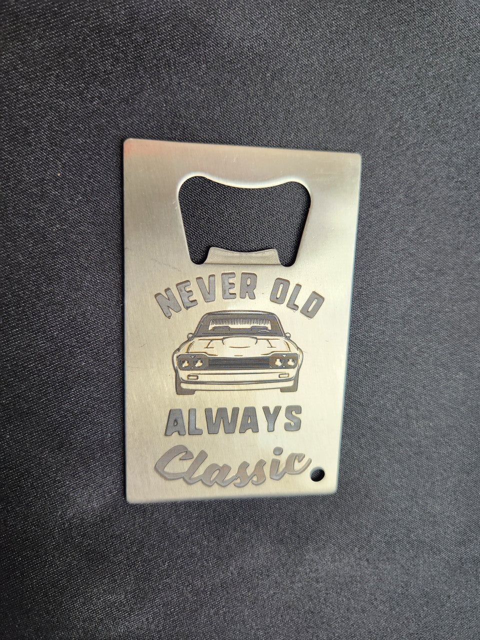 Never Old, Always Classic- classic car laser engraved stainless steel bottle opener